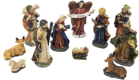 Christmas Nativity Set, 11-Piece Miniature Figurines with Mary, Joseph, Baby Jesus, 3 Wise Men, Shepherd, Angel, Donkey, Cow and Lamb, Religious Christmas Décor, Up to 2 5/8 Inches Tall