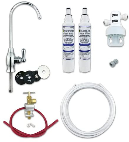 Système de filtration d'eau potable avec filtres fins sous évier - Élimine le chlore et le calcaire - Kit de bricolage complet - Changez facilement les filtres (12 mois (2 filtres) - Robinet baseball