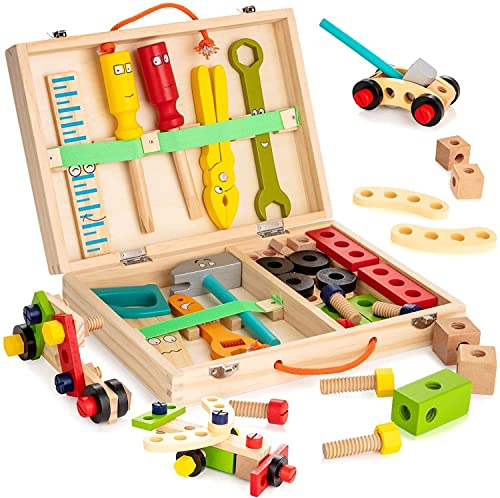 NIWWIN Spielwerkzeuge, hölzernes Bauspielzeugsets und Pretend Play, Kinder Werkzeugkasten Kit BAU Rollenspiel Spielzeug, Frühaufbildungsspielzeug für 3 4 5 6 jährige Mädchen Jun