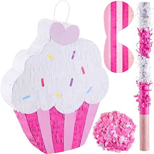 Sosation 15.7 Cupcake Piñata for Birthday Party Supplies with Stick, Blindfold and Confetti for Kids Girls Baby Shower Candy Donut Ice Cream Piñata Party Supplies Party Decoration Prop(Cute)