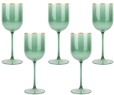 PLASTICPRO Green Wine Cup with Gold Rim Plastic Wine Glasses Set of 5 Elegant Wine Goblets Hard Plastic Wine Cups on Stem 12 Ounce
