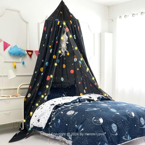 Hommi Lovvi Space Planets Print Kids Bed Canopy, Girls Princess Canopy Dreamy Room Decor, Soft Hanging Reading Nook Play Tent Canopy, Extra Large Full Size Bed Canopy with String Light