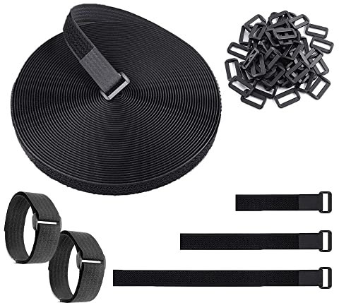 10m Klettband mit 50 Schnalle, Free Cutting Length Klettverschluss Cable Ties, Reusable, Cable Ties, Klettverschluss Fastening, Black, 2 cm Wide