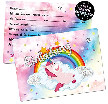 TOBJA® 12x Einladungskarten Kindergeburtstag Einhorn - Tolle Einladung für Kinder mit echtem Glitzer | Einladungskarten Geburtstag Mädchen | Auch Einschulung oder als Partyeinladungen (12x Einhorn)