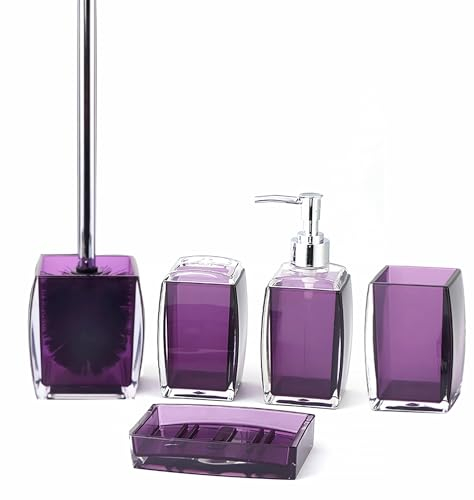 TUANYO Set completo di accessori da bagno in resina/acrilico viola, dispenser per lozione/sapone, portasapone, portaspazzolino, bicchiere, scopino e supporto, decorazione moderna per il bagno e set