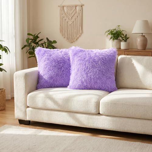 uxcell 2er Set Wurfkissenbezüge, Weiche Flauschige Kissenbezüge Dekorative Doppelseitige Plüsch Kissenbezüge Kunstfell Dekorative Quadratische Kissenbezüge für Sofa Lila 45x45cm