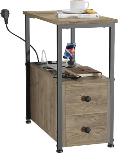 Rcynview Beistelltisch, Nachttisch mit Steckdose, schmal,USB-Anschlüssen, 60X30X61cm Minimalistisch Holz Nachttisch mit Aufbewahrung für Wohnzimmer, Schlafzimmer, Graues Kopfteil aus Holz
