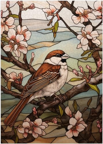 Stained Glass House Sparrow Jigsaw Puzzle 300/500/1000 Piece (300pc (28×40cm))