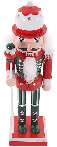 JOEBO Figurine casse-noisette de Noël en bois casse-noisette roi ornement casse-noisette en bois pour Noël, bureau, décoration d'intérieur (25 cm, chapeau rouge canne) (couleur : chapeau blanc canne,