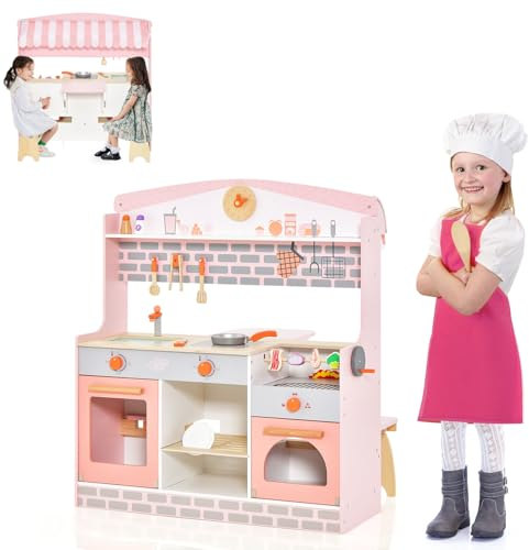 COSTWAY 2 in 1 Kinderküche, doppelseitige Spielküche, Holzküche mit Herd, Backofen, Grill, verstellbarem Baldachin & Holzhahn, Spielzeugküche für 3 bis 8 Jahren Kinder