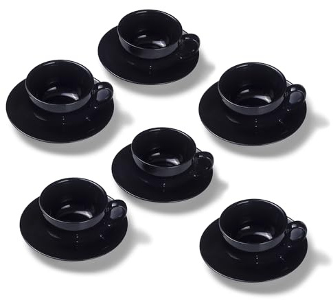 Terra Home 6er Milchkaffee-Tassen Set - Schwarz, 350 ml, Glossy, Porzellan, Dickwandig, Spülmaschinenfest, italienisches Design - Kaffee-Tassen Set mit Untertassen