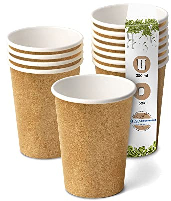 GREENBOX 50 Stück Karton Einwand Kaffee Trinkbecher Einweg Bio I Stück To Go Pappbecher innen weiß, Außenwand braun 300 ml / 12 oz I 100% biologisch abbaubar, zertifiziert kompostierbar