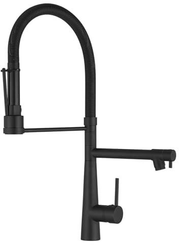 TIMACO Grande rubinetto da cucina con molla a spirale, 22,36 cm, girevole a 360° con due beccucci, rubinetto da cucina & spuntini manuali ad alta pressione, nero