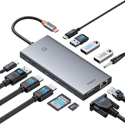 Baseus Docking Station USB-C 3 Monitor, Chip Ottimizzato,13-In-1 Hub USB-C, 2*HDMI e 1*DP 4K 60Hz, VGA, USB 3.1, PD 100W, Ethernet, Per Laptop