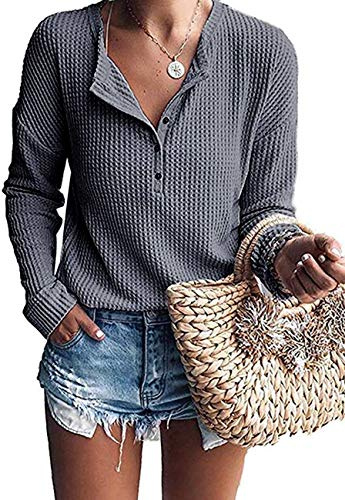 WNEEDU Pull Femme à Manches Longues en Tricot Gaufré Tunique T-Shirt Chemise Henley Décontracté Col V avec Boutons
