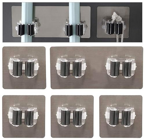 Luabue 5Pcs Mop Broom Holder Broom Gripper Holders Self Adhesive Brush Holder Wall Mounted Double/Single Brooms Clips Sweeping Brush Holders Wall Tool Organizer Rack for Kitchen Garden Bathroom
