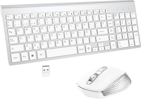 Teclado y Ratón Inalámbrico - USB QWERTY Español Ergonómico Portátil Teclado Inalámbrico Ratón Silencioso para PC/Laptops/Smart TV - Blanco