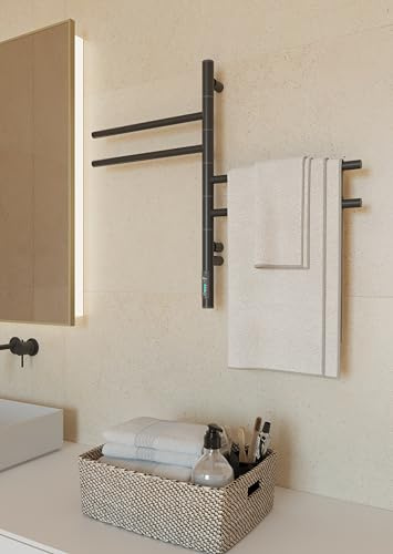 Elna® Scaldasalviette Elettrico Nero Opaco 62x40 cm, 57W – Scaldasalviette in Acciaio Inox 304 con Timer e Termostato, IP44 – 4 Bracci Orientabili 180°, Montaggio a Parete