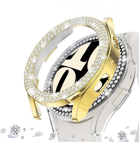 DEALELE [2-pack] klockfodral kompatibelt med Samsung Galaxy Watch 6 40 mm, glitter dubbelrad strass diamant skyddande fodral klockskydd ersättning fodral, 40 mm, guld transparent