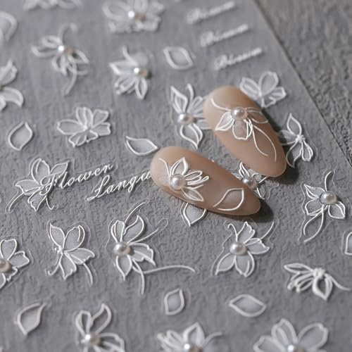 5D Geprägte Blume Nagelsticker Frühling Nail Sticker Blumen Nagelaufkleber Nagelfolie Selbstklebend Weiße Perle Blume Aufkleber Nägel Zubehör Floral Nageldesign White Pearl Flower Nail Art Stickers