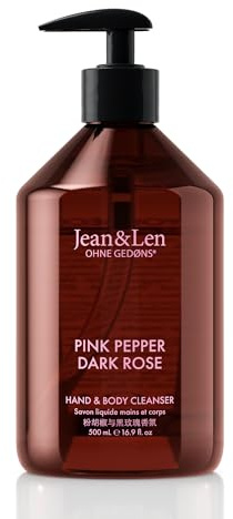 Jean & Len Hand & Body Cleanser Pink Pepper & Dark Rose, para una experiencia de limpieza fragante, jabón corporal y de manos en un frasco, aroma floral sensual, vegano, 500 ml