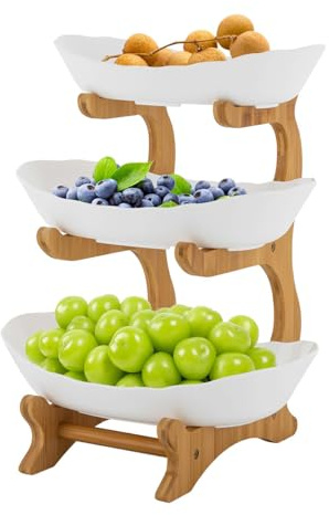 Basket Rack - 3 Tier Plastic Fruit and Vegetable Stand, Space-Saving Kitchen Organizer for Snacks, Desserts and Candy Storage, Sturdy Multi-Level Display Shelf for Countertop (1 Pcs)