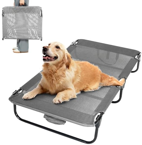 everfront Erhöhtes Hundebett, faltbar, tragbar, Hochbeet, Campingbett, Outdoor, Sommer, Hundebett (groß, graues Textilen)