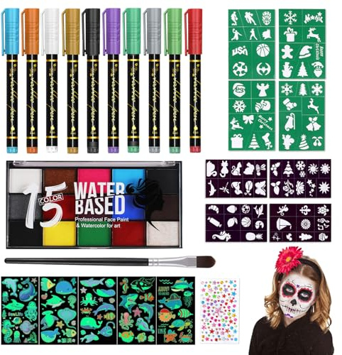 25 StüCk Tattoo Stifte Kinder,Glitzer Tattoo Stifte, Inkl. Tattoo-Vorlagen, Leuchtsticker, Diamant-Sticker, WasserlöSliche Gesichtsfarbe, TemporäRe Tattoos FüR Halloween Und Geburtstagspartys