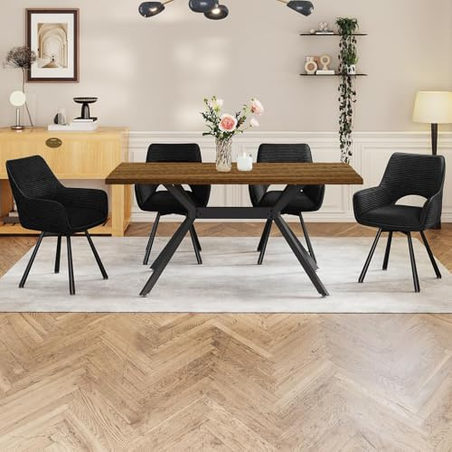WAFTING Essgruppe mit 4 Stühlen,Dunkler Platte,Polsterstuhl Schwarz | Esstisch Holz 140x80x76,Esszimmerstuhl Drehbar 360°mit Armlehne,Esstisch mit 4 stühlen,Tischset,Küche, Wohnzimmer, Esszimmer