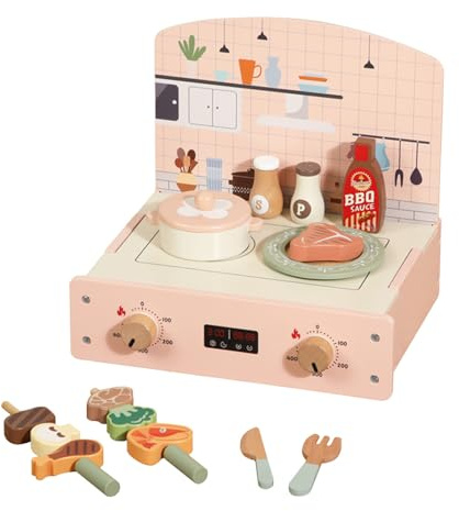 UBRAVOO Holz-Grill-Spielset für Kinder, Montessori-Spielzeug-Grill-Set mit Küchenzubehör, Geschenk für Mädchen und Jungen ab 3 Jahren