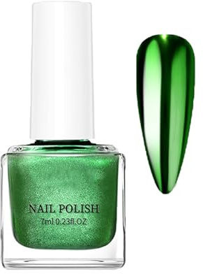 Green Metallic Nail Polish,Chrome Metallic Nail Varnish Quick Dry Nail Varnish,Smooth Texture Metal Mirror Nails Paint,Breathable Water-Based Formula,Glossy Green Nails Art Manicure,No UV Light Needed