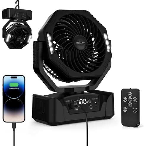 ELZO 20000mAh Camping Ventilator, Wiederaufladbarer Tischventilator USB Ventilator mit LED Licht & Haken, 270° Drehung mit Fernbedienung, Clip Fan für Outdoor Camping Angeln (Schwarz)