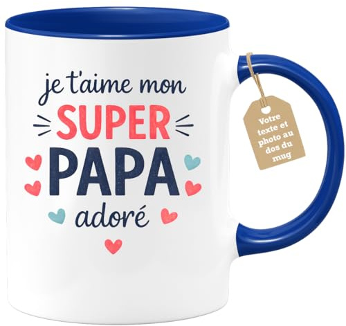 quotedazur Café-Croissant - Mug Personnalisé Papa Texte Photo - Tasse Fête Des Pères Je T'aime Mon Super Papa Adoré - Cadeau Drôle Papounet - Bleu/céramique