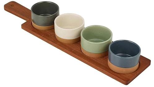 URBNLIVING Bamboo Serving Set – Snack & Tapas Board with Dip & Condiment Bowls, Nibbles Platter for Entertaining, Family Meals & Parties (Set of 5)