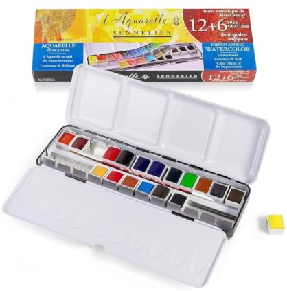 Sennelier Boîte de Peinture Aquarelle Extra-Fines, 18 Demi-Godets en Métal et 1 Carte + 1 Pinceau Offert