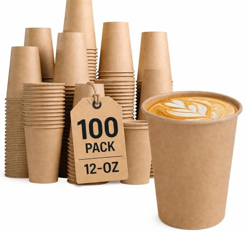 100pcs 12oz Unbleached Paper Coffee Cup, Premium Recyclable Brown Kraft Paper Party Cups Disposable for Hot & Cold Drinks, Coffee Tea Cappuccino, Vending Cups for Wedding Birthday Camping Picnic