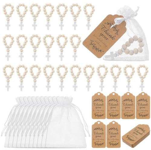 OLYCRAFT 36 Sets Holzkreuz Rosenkränze mit Kreuzanhänger 93 mm Holz Finger Rosenkranz Perlen Natürliche Holzperlen inklusive Weiße Organza Beutel und Braune Dankeskarten für Gäste Geschenke