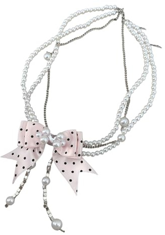 Générique Collier de perles décoratif avec nœud papillon à pois roses, chaîne de clavicule réglable, bijoux légers et élégants, collier de danse folklorique rose à pois