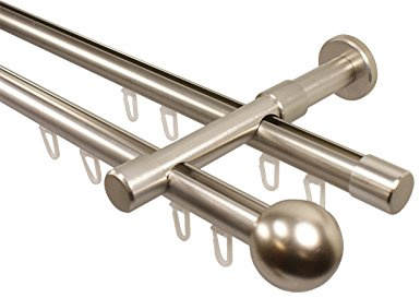 iso-design Gardinenstange Innenlauf 2-läufig 20 mm Durchmesser Farbe Edelstahl Wandmontage Gardinenstangenkomplettset aus Metall, Innenlaufstange, Endstück Kugel, 360 cm (2 x 180 cm)
