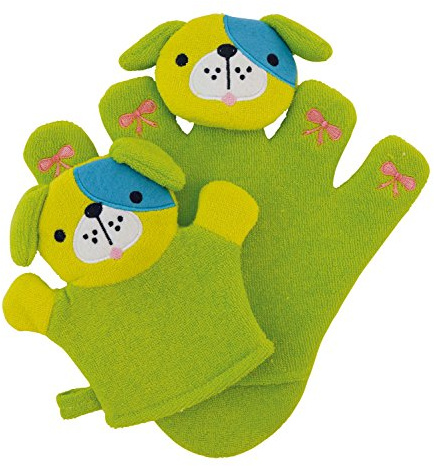 Bieco 04004090 - Waschhandschuh Set Hündchen Pauli mit Baby, ca. 24 x 22,5 x 2 cm