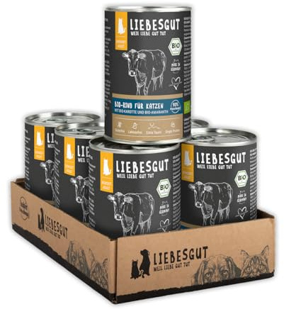 Liebesgut Bio Katzenfutter Nass Bio-Rind mit Bio-Karotte und Bio-Amaranth, extra viel Fleisch, 6x400g, produziert in Bayern