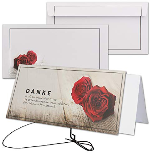 75x Trauerkarten-Set Johanna - Rosen-Motiv - DIN Lang Danksagung Komplett-Paket mit Umschlag & Einlege-Blätter & schwarzem Schmuck-Band - in stabiler Box - Trauer-Papiere by GUSTAV NEUSER