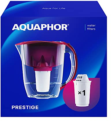 AQUAPHOR Prestige Cherry Filtre à Eau avec 1 Filtre A5 I Carafe de 2,8 l I s'adapte à la Porte du réfrigérateur I Réduit Le calcaire et Le Chlore I Filtre à Eau de Table I Verseuse filtrante Pratique