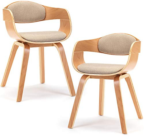 Mingone 2er Set Esszimmerstühle Holz Beige | Küchenstühle Designer, Stühle mit Leinen, Sessel Gepolsterte mit Armlehnen für Wohnzimmer
