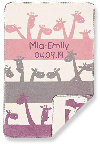 Babydecke mit Namen Datum bestickt Decke 75x100 cm Sofia Giraffe Giraffen rosa grau lila Geschenk zur Taufe zur Geburt Kinderdecke Kuscheldecke