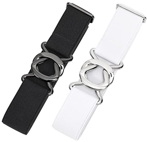 JASGOOD Women No Show Stretch Belt 2 Pack Adjustable Elastic Web Belt with Flat Buckle for Jeans Pants Casual Belts