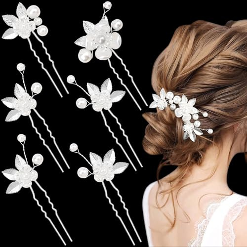 MELLIEX 6 Stück Haarschmuck Hochzeit, Blumen Perlen Braut Haarschmuck, U-Förmige Haarnadeln Hochzeit, Brautschmuck Haare Für Frauen Und Mädchen, Silber