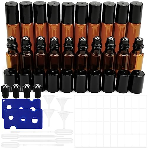 TOTSUN 20Pcs Glass Essential Oil Roller Bottles, 10pcs 10ml + 10pcs 5ml Amber Glass Roll on Bottles with Stainless Steel Balls Refillable for Fragrance, Aromatherapy, Facial Body Care