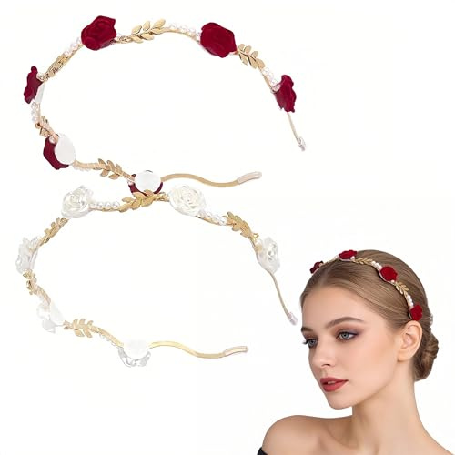FANNAS Perlen-Stirnbänder für Frauen 2 Stück Rose Blumenkranz Haarband