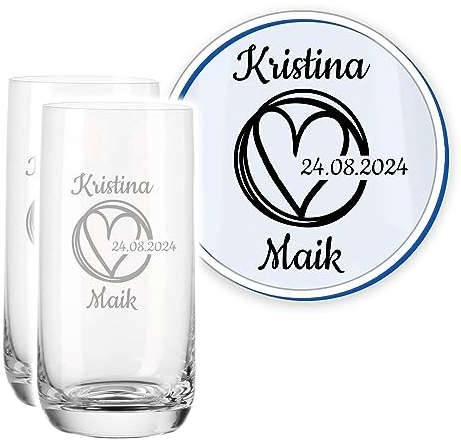 LALALO Leonardo Hochzeit Trinkglas Geschenk-Set (2 St.) graviert, Trinkgläser mit Gravur personalisiert als Hochzeitsgeschenk, Wasserglas/Longdrink-Glas zum Hochzeitstag (Kreisliebe)